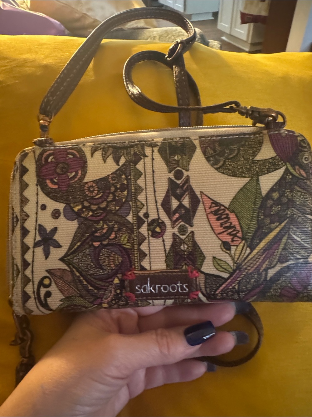 Sakroots Canvas Crossbody with Cream, Purple, Green, Pink Accents